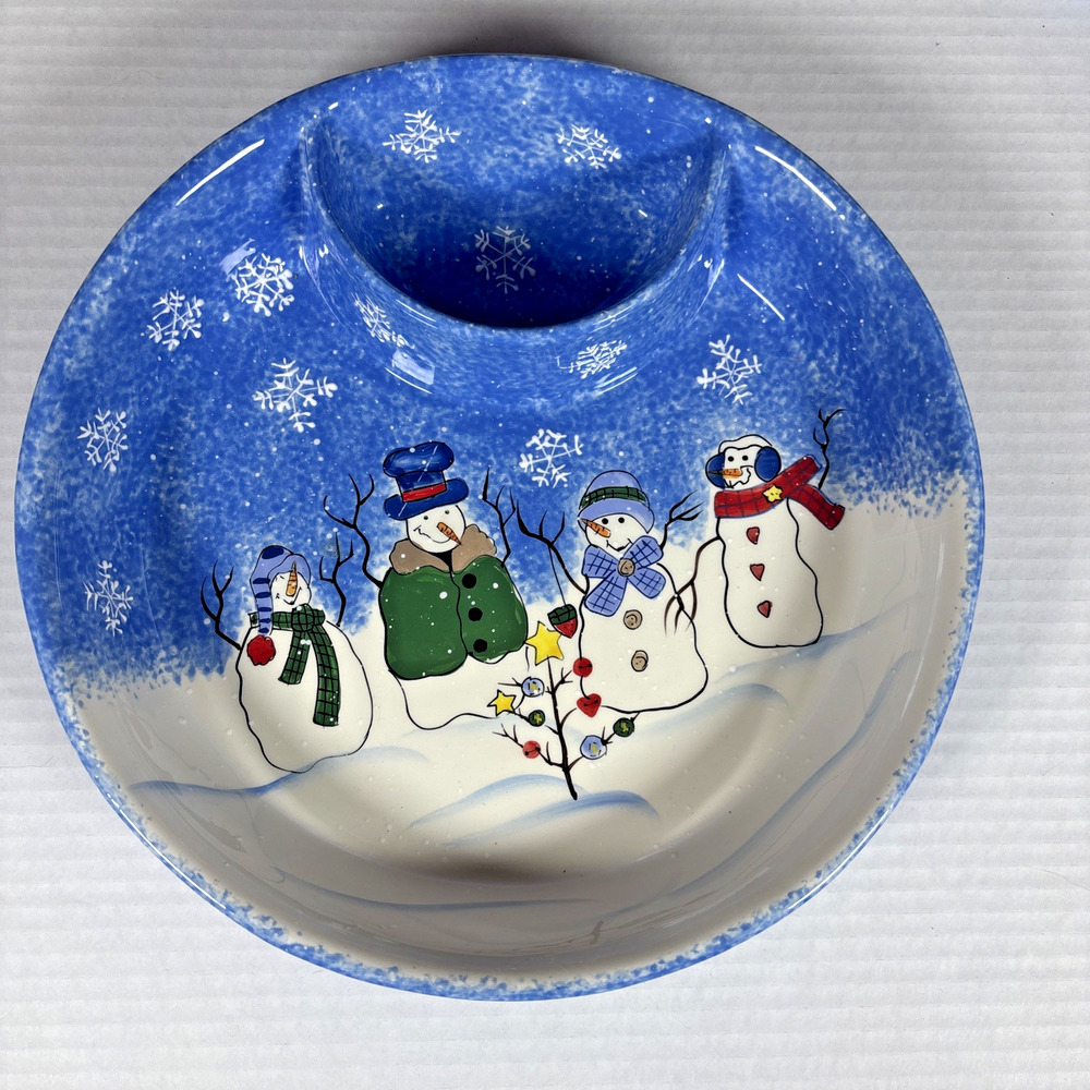 St Nicholas Square Button Up Snowman Family 1 pc Chip & Dip Bowl Dish Christmas